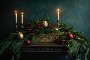 Christmas Decor with Candles, Ornaments, and Pine Branches on a Wooden Mantel photo