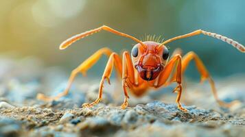 An ant is shown in full color detail with a focus on its head and antennae. photo