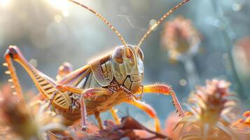A close-up of a desert grasshopper with vibrant colors and patterns, photo