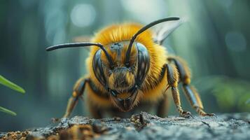 A close-up of a bee, likely a queen or worker bee given its markings, photo