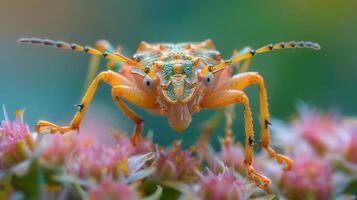 Mysterious orange stick insect with intricate green patterns on its body, perched on a pink flower. photo
