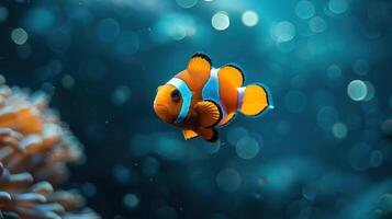 A clownfish swimming under the ocean water with a backdrop of bubbles and coral. photo