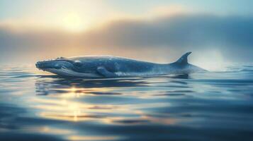 A majestic whale glides gracefully through the tranquil ocean under a clear sky. photo