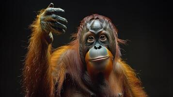 an orangutan performing a trick in front of a crowd, possibly at a circus performance. photo
