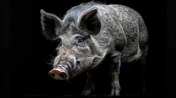 A small piggy is in the middle of an attack on a pea, with its eyes tightly shut and nose wide open. photo