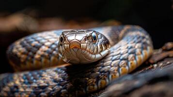 A close-up image of a snake with striking patterned scales photo