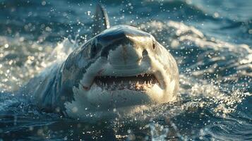 A thrilling photo capturing a moment of interaction between a human and a large marine predator.