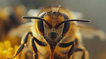 A close-up of a bee with a detailed view of its face and wings. photo
