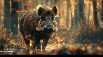 A pig is captured in a serene forest setting, photo