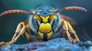 An up-close image of a bee with vivid yellow and blue markings, showcasing its intricate details. photo