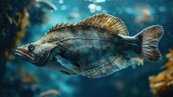 Underwater photo of a grouper with an underwater barcode tattoo on its face.