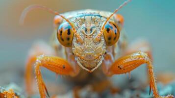 A close-up photograph of a red and black grasshopper showing its vibrant color patterns, photo