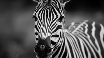 A black and white zebra standing against a dark background. photo