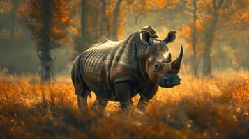 A 3D rendering of a majestic rhino striding through autumn foliage. photo