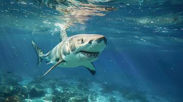 A shark under the ocean's surface swimming towards a camera. photo