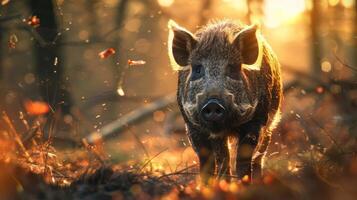 A fluffy pig walking in an autumn forest during golden hour with sunlight filtering through the tree photo