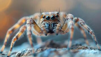 a close-up of a spider on a rock, showcasing its intricate web and the fine details of its body. photo