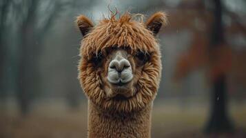 Fluffy alpaca with a happy face peeking out from behind tree branches. photo