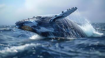 A majestic blue whale leaps out of the ocean, showcasing its impressive size and strength. photo