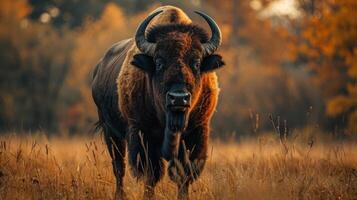 A buffalo is captured walking across a field during autumn. photo