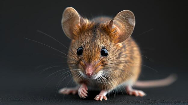 A small mouse sitting on a dark surface, looking directly at the camera with its eyes open. photo