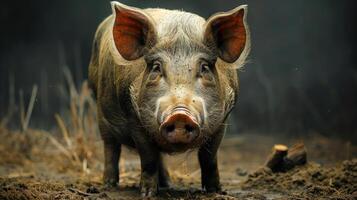 A close-up image of a piggy with impressively long, sharp tusks. photo