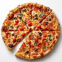 A round, freshly-baked pizza with visible pieces missing photo