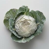 A close-up of a head of cabbage on a white surface, highlighting its texture and structure photo
