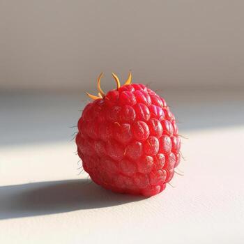 A single, fresh red raspberry with a shiny surface and small prickles. photo