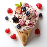 A delectable display of fresh fruit toppings on a soft serve ice cream cone, photo