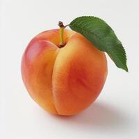 A ripe, shiny peach with a visible stem and leaves attached to it. photo