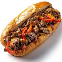 Cheesesteak sandwich with steak, onions, and peppers. Topped with cheese. photo