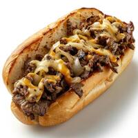 A beef steak sandwich covered in melted cheddar cheese, caramelized onions, and a creamy sauce. photo