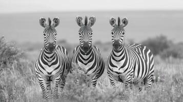 Two zebras standing in the wild, looking directly at the camera. photo