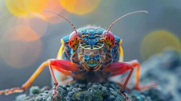 A close-up photo of a vibrantly colored insect, possibly a beetle or a locust,