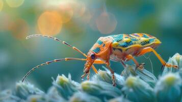 Close-up of a green beetle crawling up a plant, with fluffy blurred bokeh in the background. photo