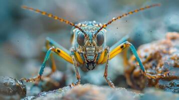 A vividly colored exotic bug resting on the ground with a detailed and textured background. photo