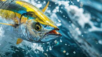 A giant trevally is shown mid-jump, catching a fish with its mouth open to eat it. photo