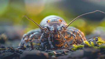 Closest-up view of a vibrant green and brown beetle, possibly with a golden stripe, photo