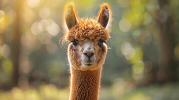 An adorable alpaca looking at the camera, likely in a field of grass or a pasture. The sun is out, photo