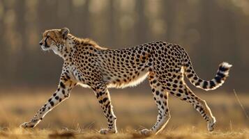 A single cheetah is captured mid-stride running across a dry grass field, photo