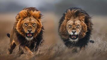 Two lions with roars in a natural setting. photo