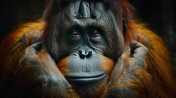 An orangutan looking directly at the camera with an expression of concern. photo