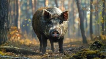 A baby pig walking through a forest of trees with moss on them. photo