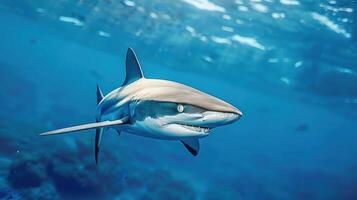 A white shark with a fin is swimming towards the camera, showing its teeth. photo