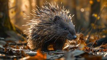 A spiky hedgehog standing in a forest covered with fall leaves. photo