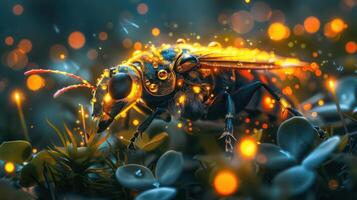 A vibrant and detailed image of a bee standing on honeycomb with glowing sparks flying around it, photo