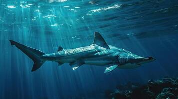 A large shark swims in the ocean surrounded by sunlight filtering through the water, photo