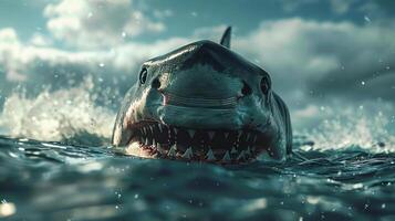 A shark swimming in the ocean with a close-up on its head. photo