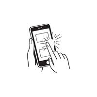 Hand holding a smartphone with a finger on the screen vector